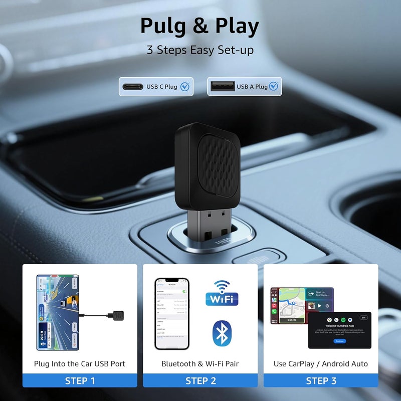 Ayake 2-in-1 Wireless CarPlay & Android Auto Adapter, Smallest Mini Edition, Converts Wired to Wireless, Plug & Play Adapter for Apple iPhone iOS 10+ & Android 11+ - Image 4